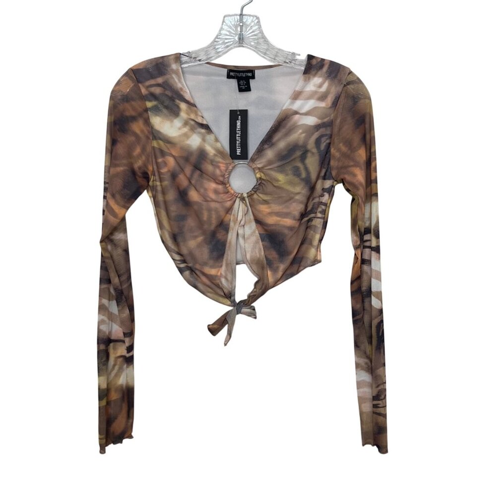 PrettyLittleThing Long Sleeve Cropped Shirt Womens Size 2 Brown New Tie Abstract
